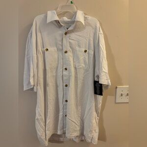 Casual White Button-Down Shirt with Brown Accents